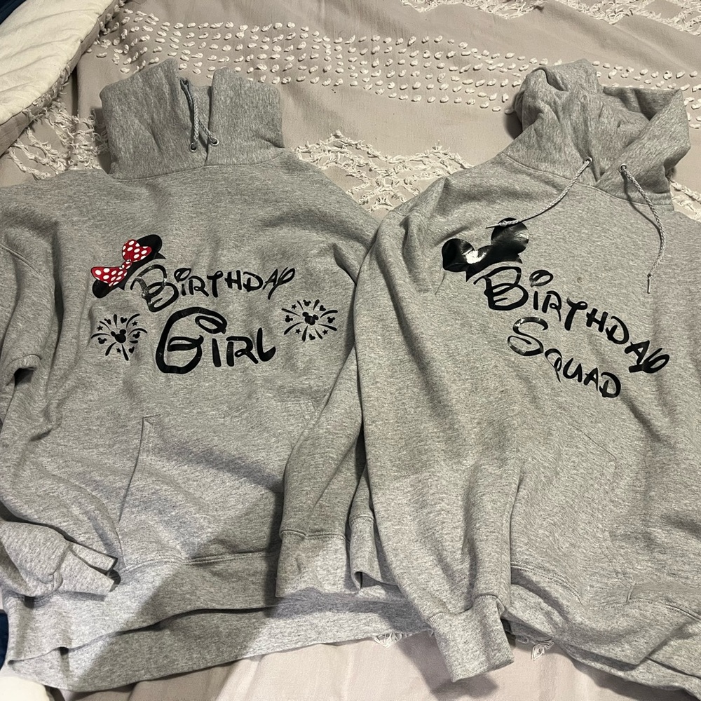 Customized grey Birthday Girl and Birthday squad hoodies.